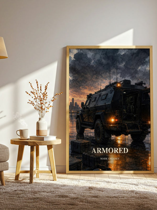Armored watercolour print in frame leaning in hallway – thriller wall art