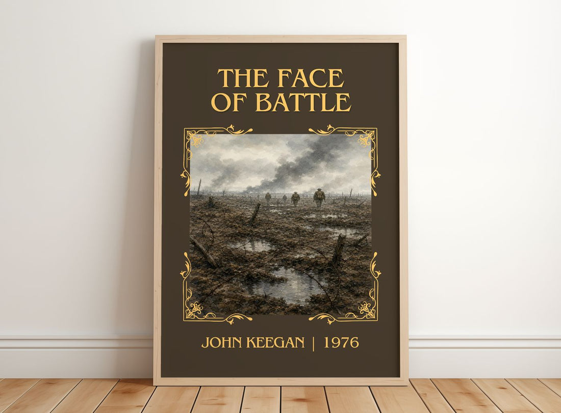 The Face of Battle Classic Book Art Print by John Keegan – framed print leaning on a wooden floor