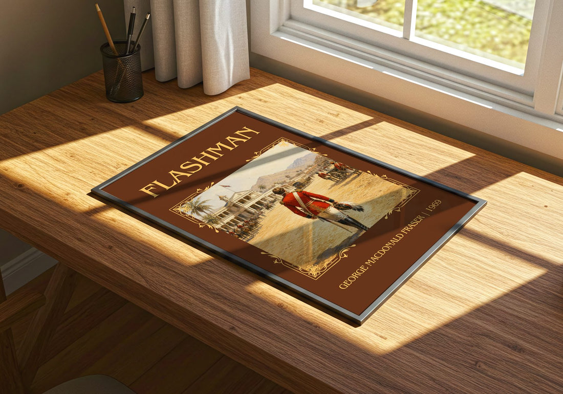 Flashman Classic Book Art Print by George MacDonald Fraser – print on a sunlit desk