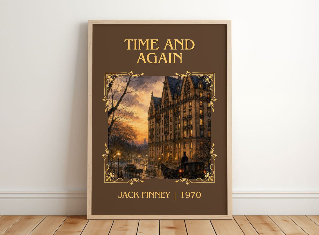 Time and Again Classic Book Art Print by Jack Finney – framed print leaning on a wooden floor