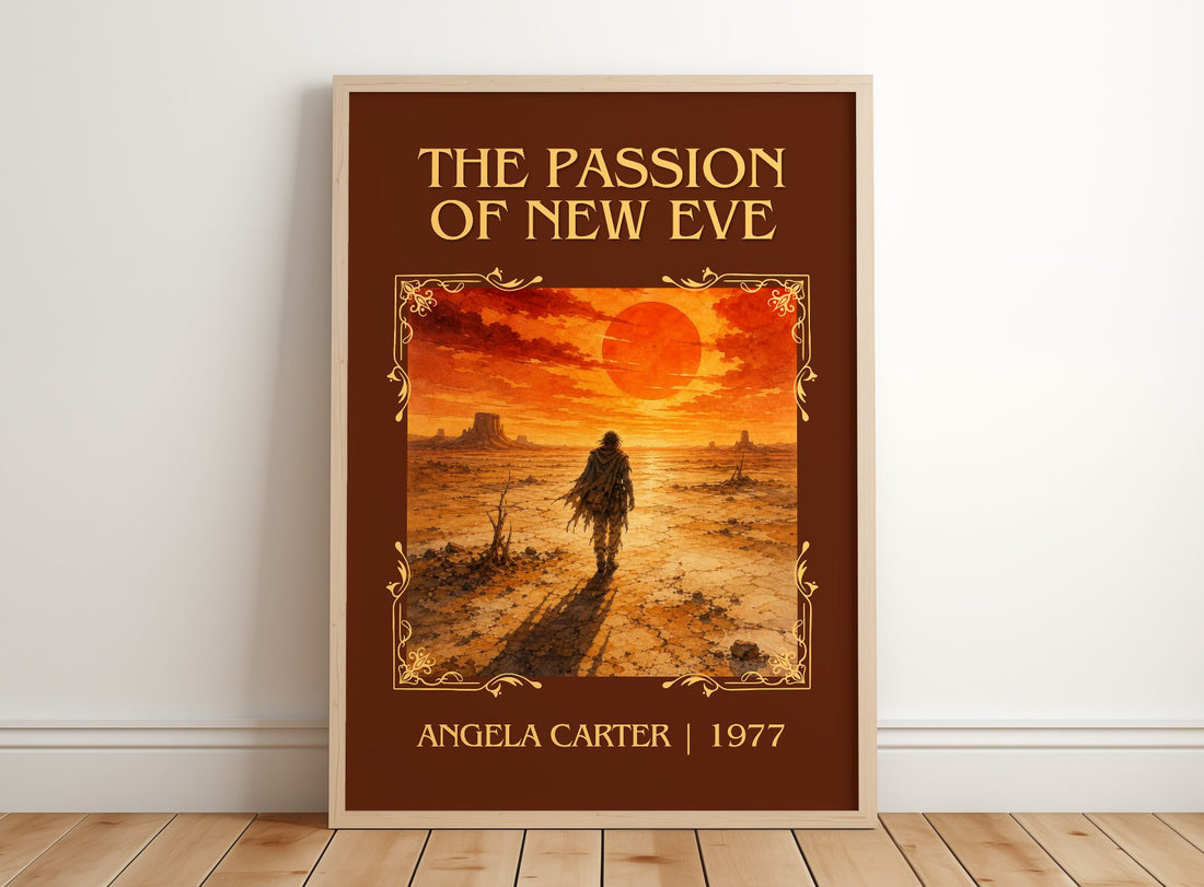 The Passion Of New Eve Classic Book Art Print by Angela Carter – framed print leaning on a wooden floor