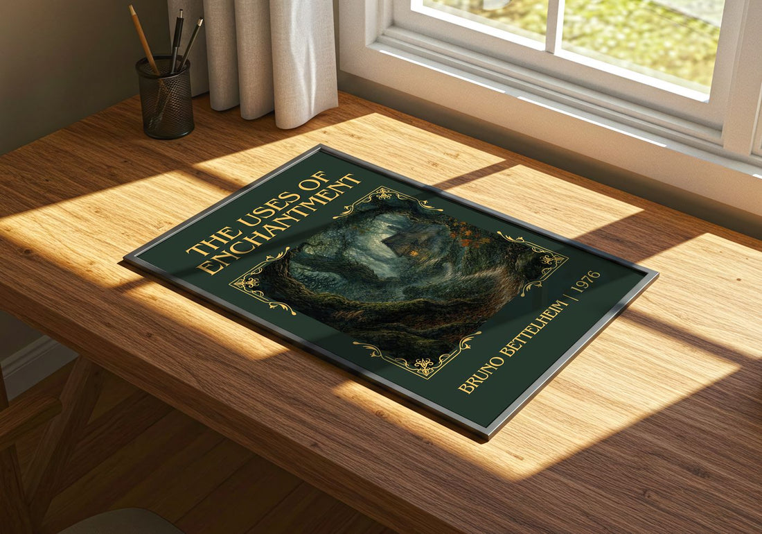 The Uses of Enchantment Classic Book Art Print by Bruno Bettelheim – print on a sunlit desk