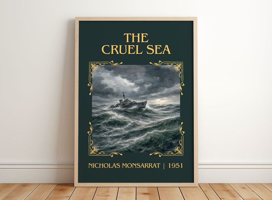 The Cruel Sea Classic Book Art Print by Nicholas Monsarrat – framed print leaning on a wooden floor