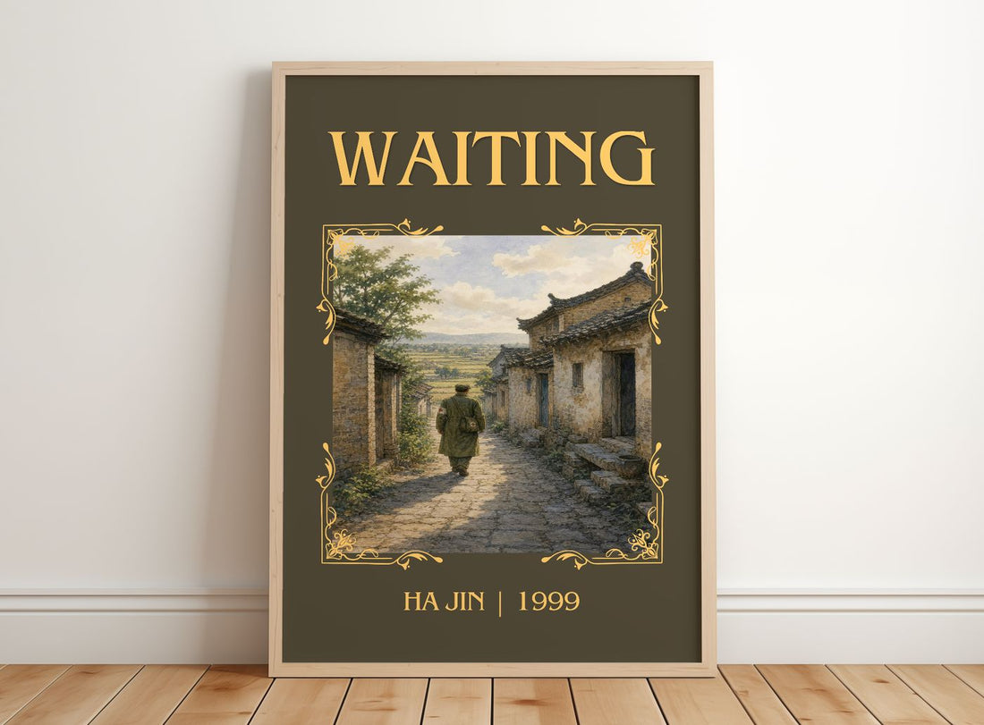 Waiting Classic Book Art Print by Ha Jin – framed print leaning on a wooden floor