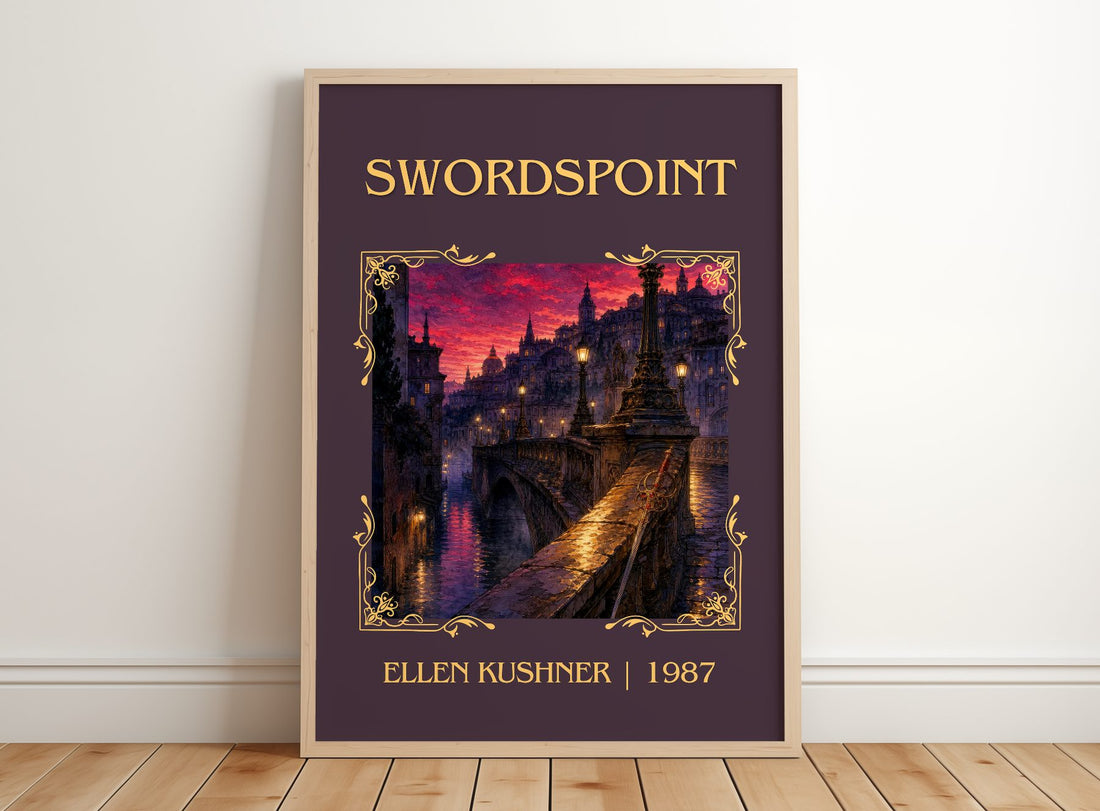 Swordspoint Classic Book Art Print by Ellen Kushner – framed print leaning on a wooden floor