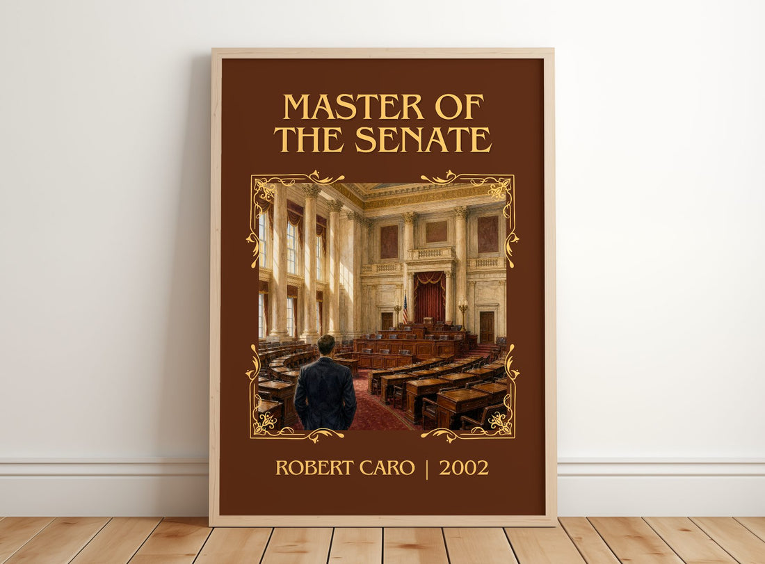 Master of the Senate Classic Book Art Print by Robert Caro – framed print leaning on a wooden floor
