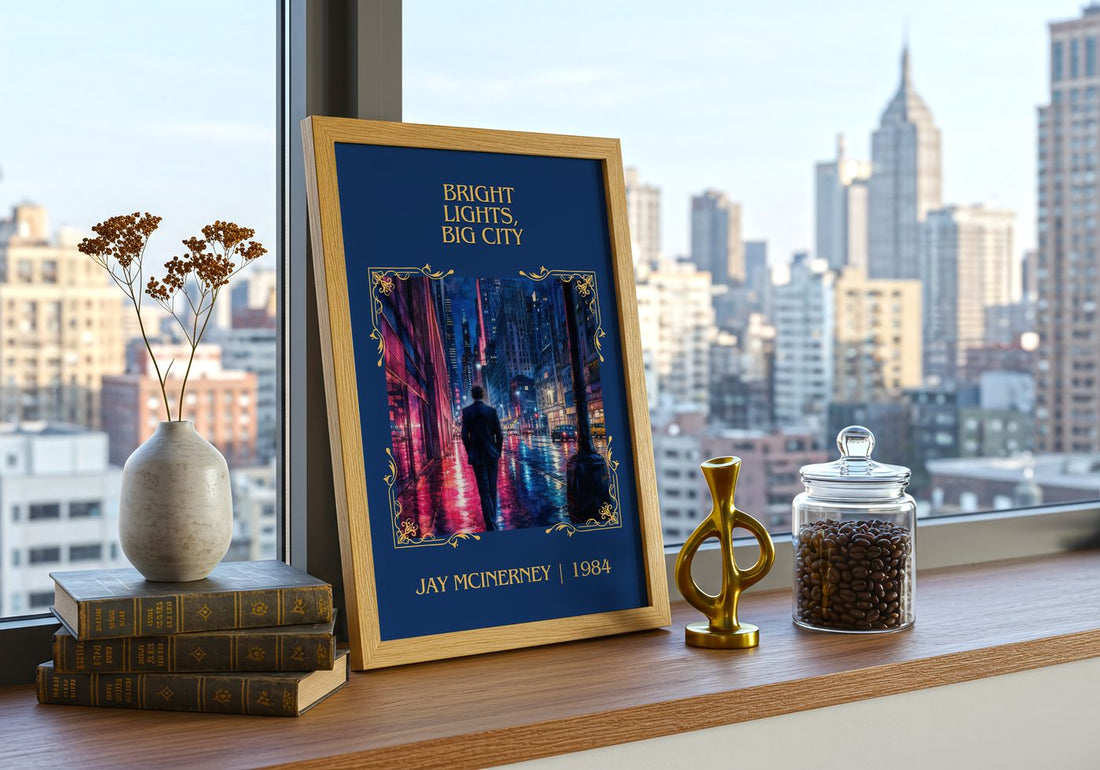 Bright Lights, Big City Classic Book Art Print by Jay McInerney – framed print on a city-view windowsill