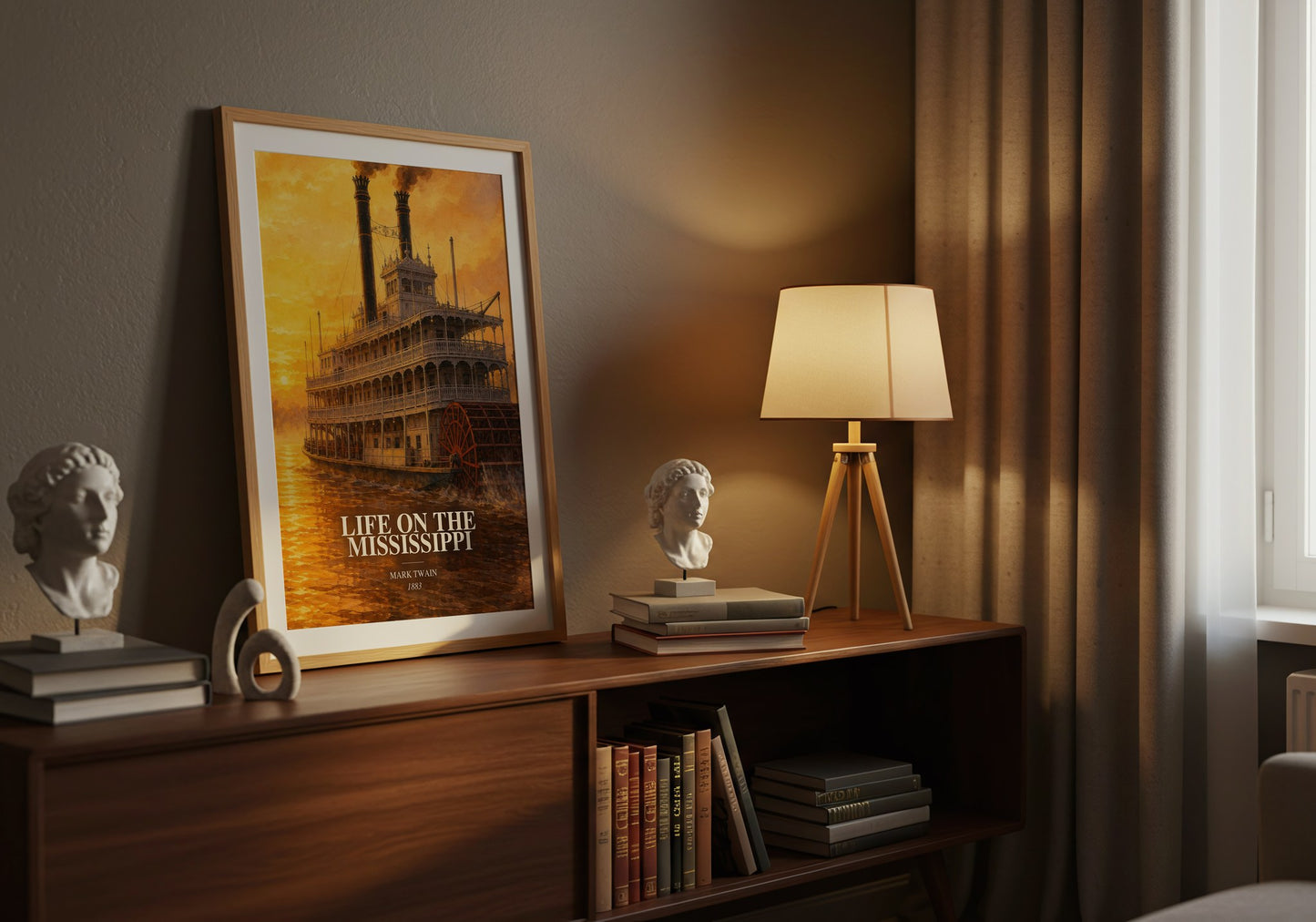 Life On The Mississippi watercolour print on bookshelf – Mark Twain fan gift
