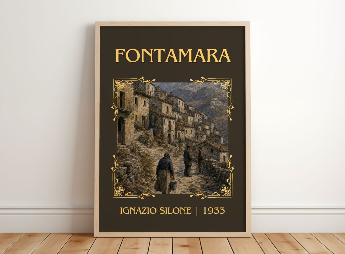 Fontamara Classic Book Art Print by Ignazio Silone – framed print leaning on a wooden floor