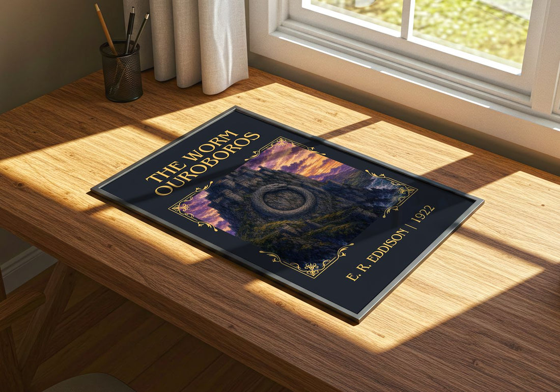The Worm Ouroboros Classic Book Art Print by E. R. Eddison – print on a sunlit desk