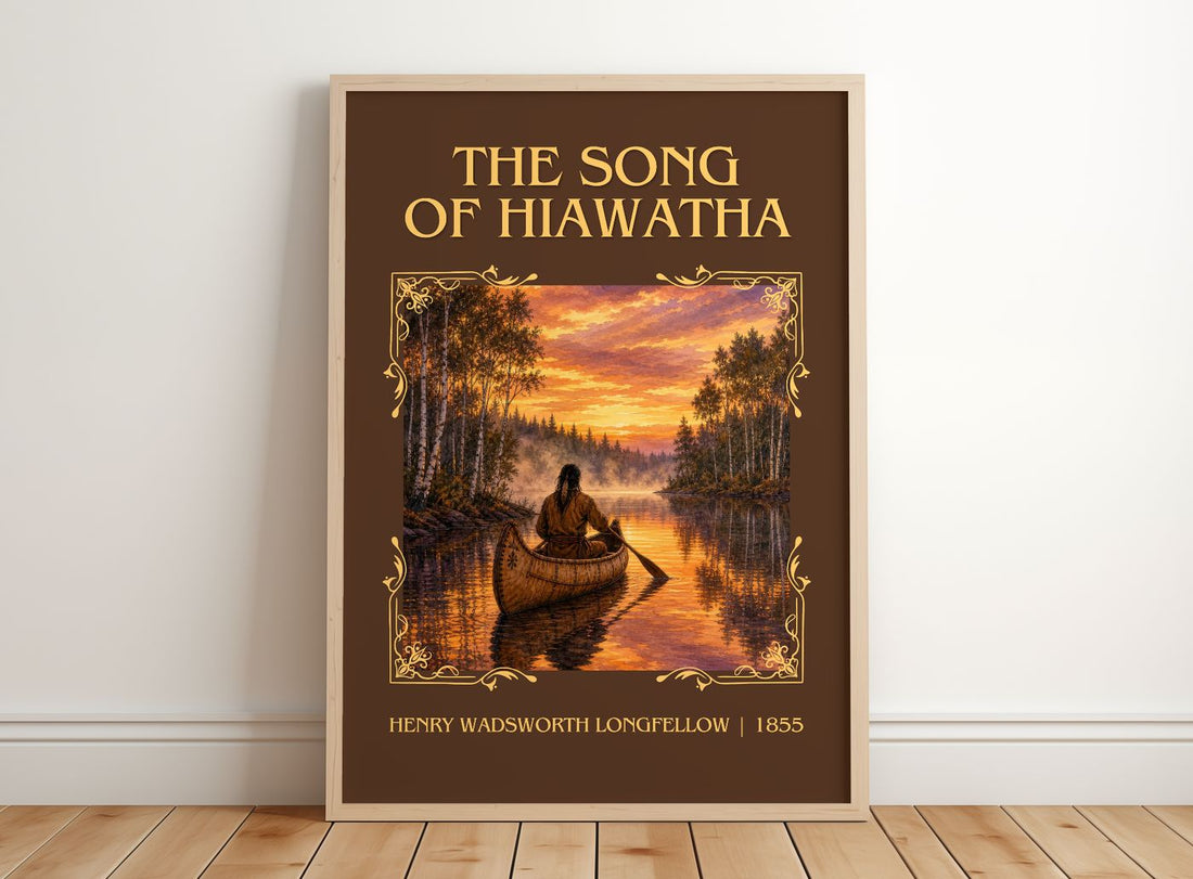 Song of Hiawatha Classic Book Art Print by Henry Wadsworth Longfellow – framed print leaning on a wooden floor