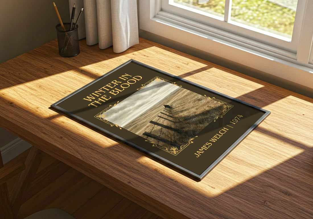 Winter In The Blood Classic Book Art Print by James Welch – print on a sunlit desk
