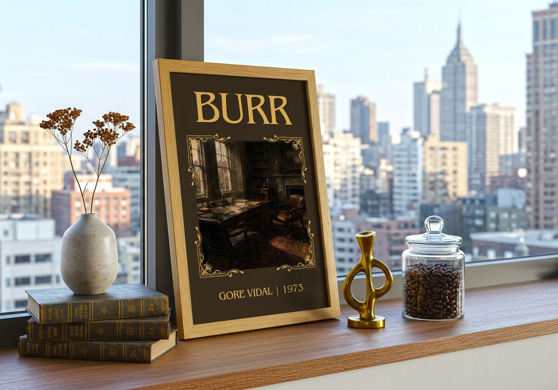 Burr Classic Book Art Print by Gore Vidal – framed print on a city-view windowsill