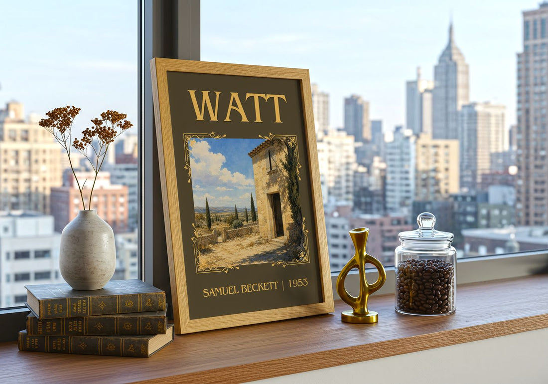 Watt Classic Book Art Print by Samuel Beckett – framed print on a city-view windowsill