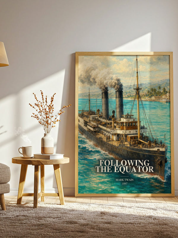 Following The Equator watercolour print in frame leaning in hallway – non fiction wall art