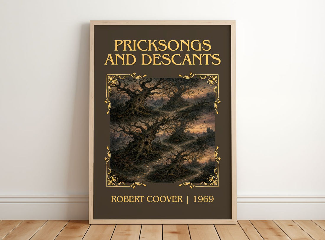Pricksongs and Descants Classic Book Art Print by Robert Coover – framed print leaning on a wooden floor