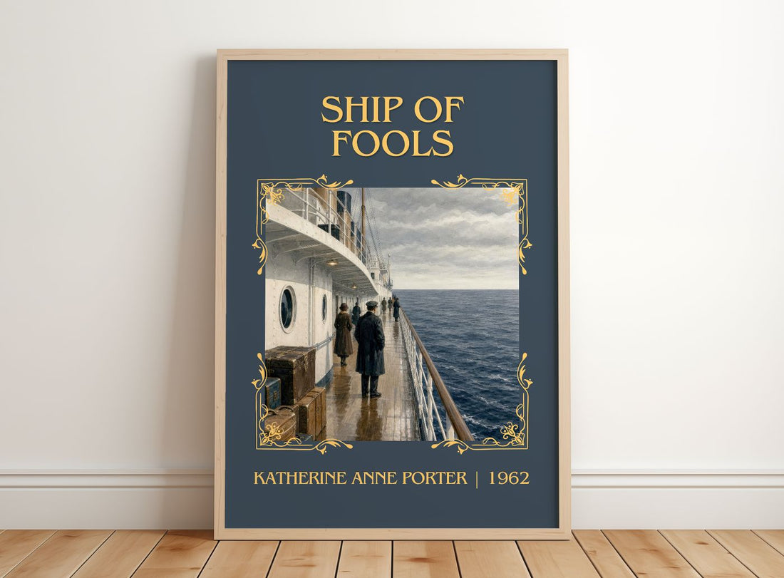 Ship Of Fools Classic Book Art Print by Katherine Anne Porter – framed print leaning on a wooden floor