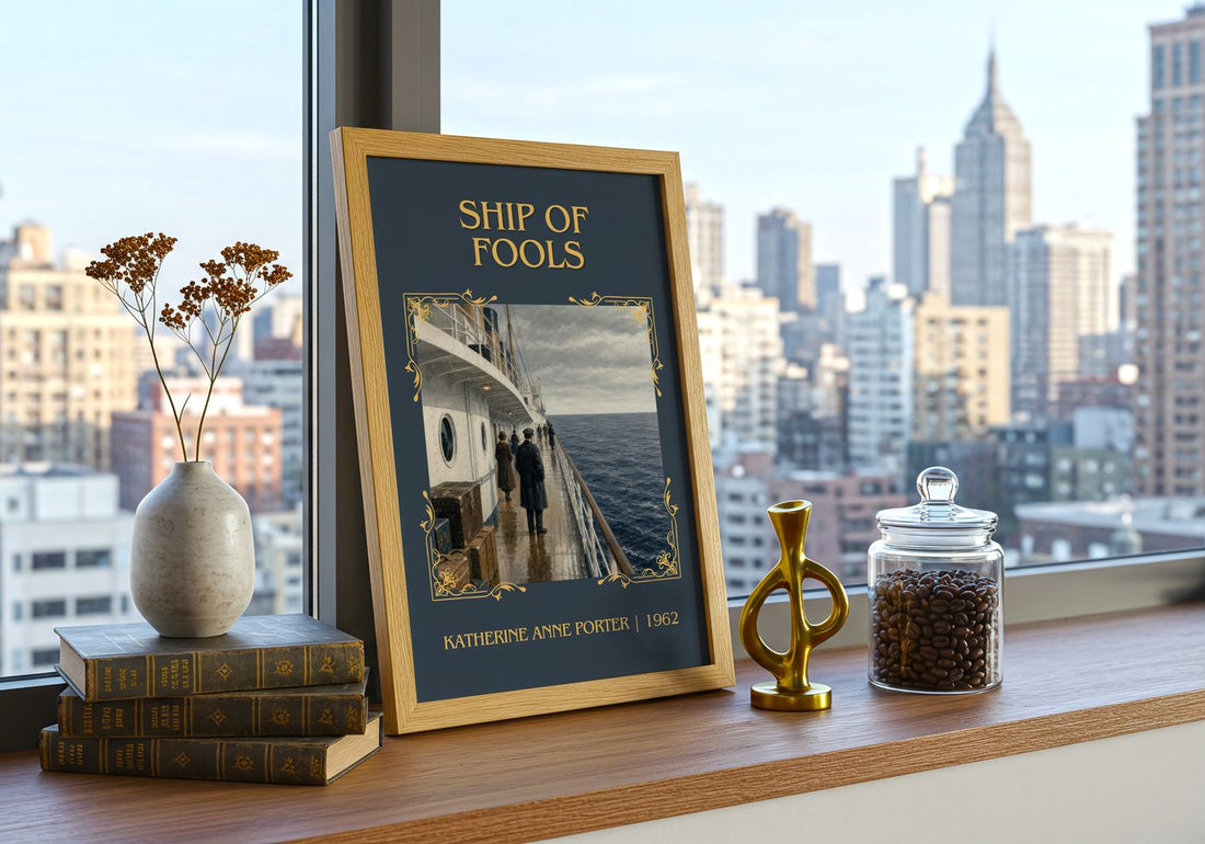 Ship Of Fools Classic Book Art Print by Katherine Anne Porter – framed print on a city-view windowsill