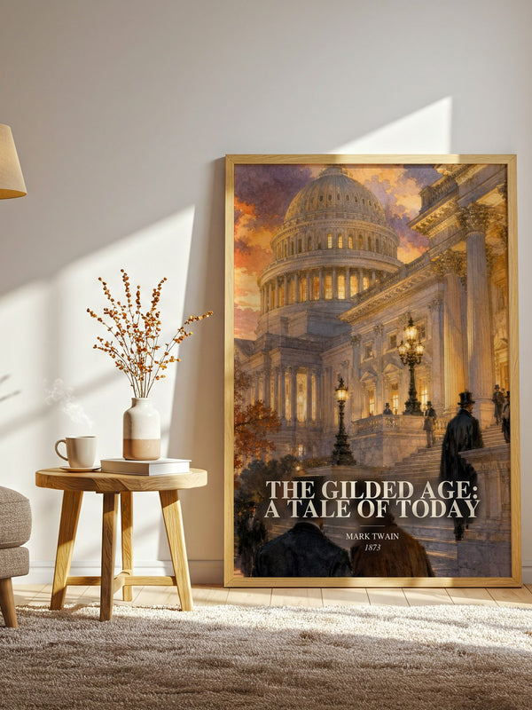 The Gilded Age: A Tale Of Today watercolour print in frame leaning in hallway – satire wall art