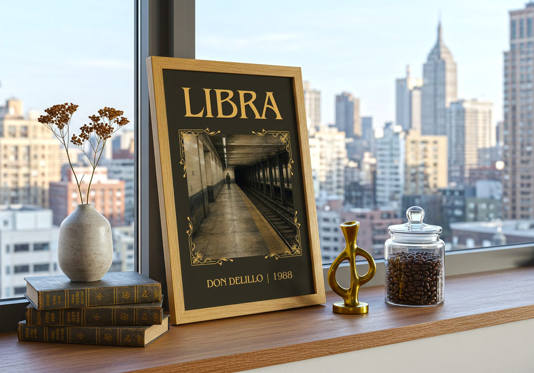 Libra Classic Book Art Print by Don DeLillo – framed print on a city-view windowsill