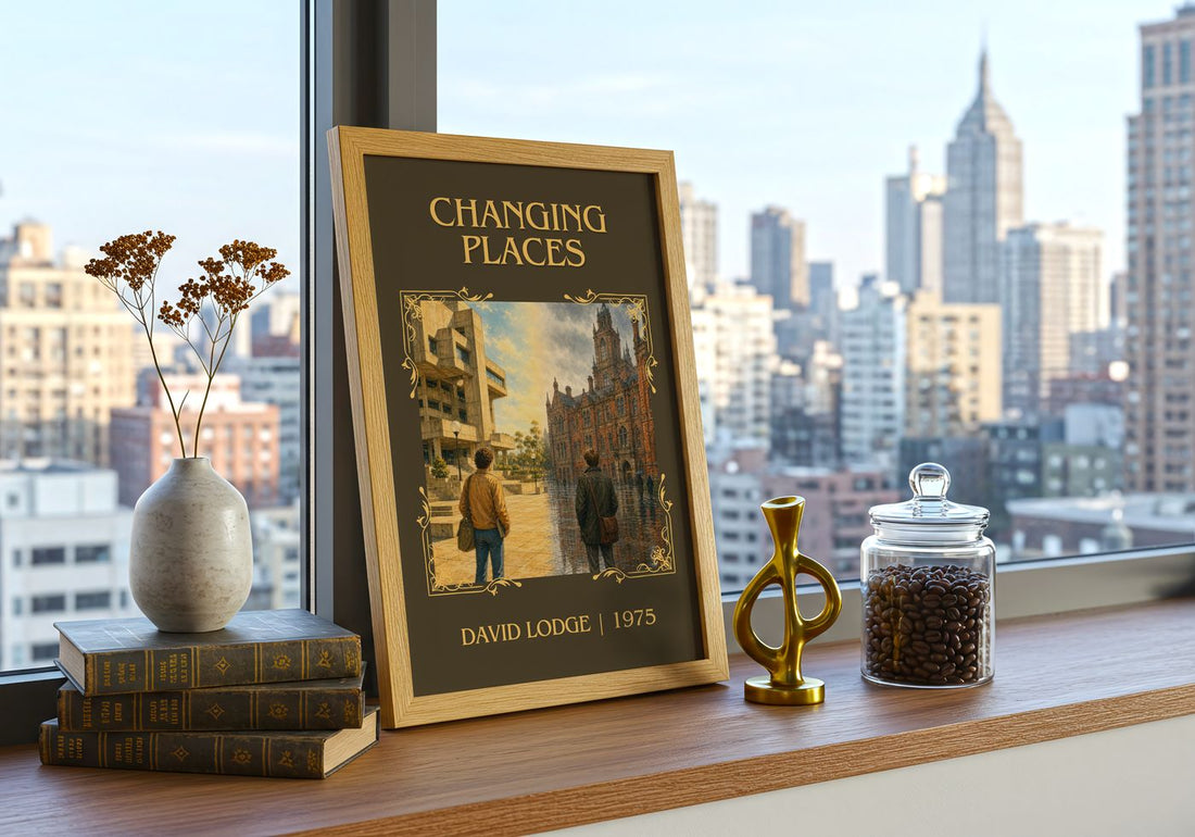 Changing Places Classic Book Art Print by David Lodge – framed print on a city-view windowsill