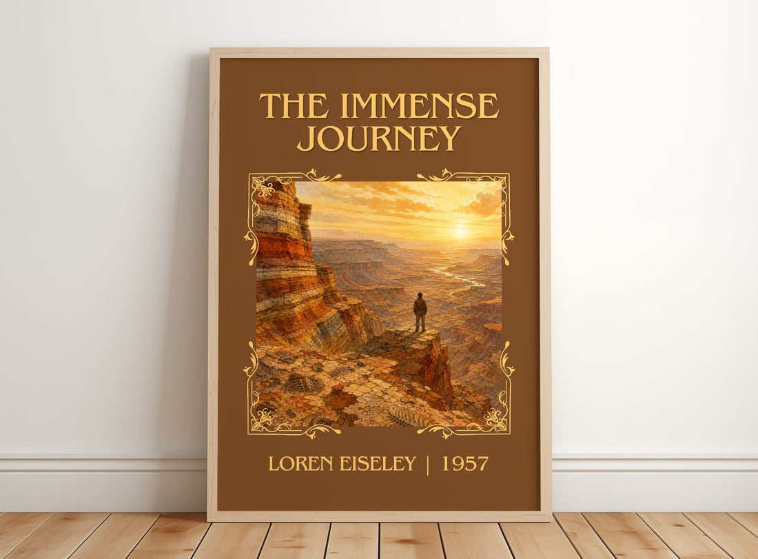 The Immense Journey Classic Book Art Print by Loren Eiseley – framed print leaning on a wooden floor