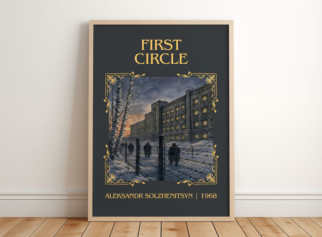 First Circle Classic Book Art Print by Aleksandr Solzhenitsyn – framed print leaning on a wooden floor