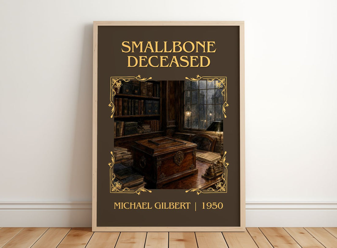 Smallbone Deceased Classic Book Art Print by Michael Gilbert – framed print leaning on a wooden floor