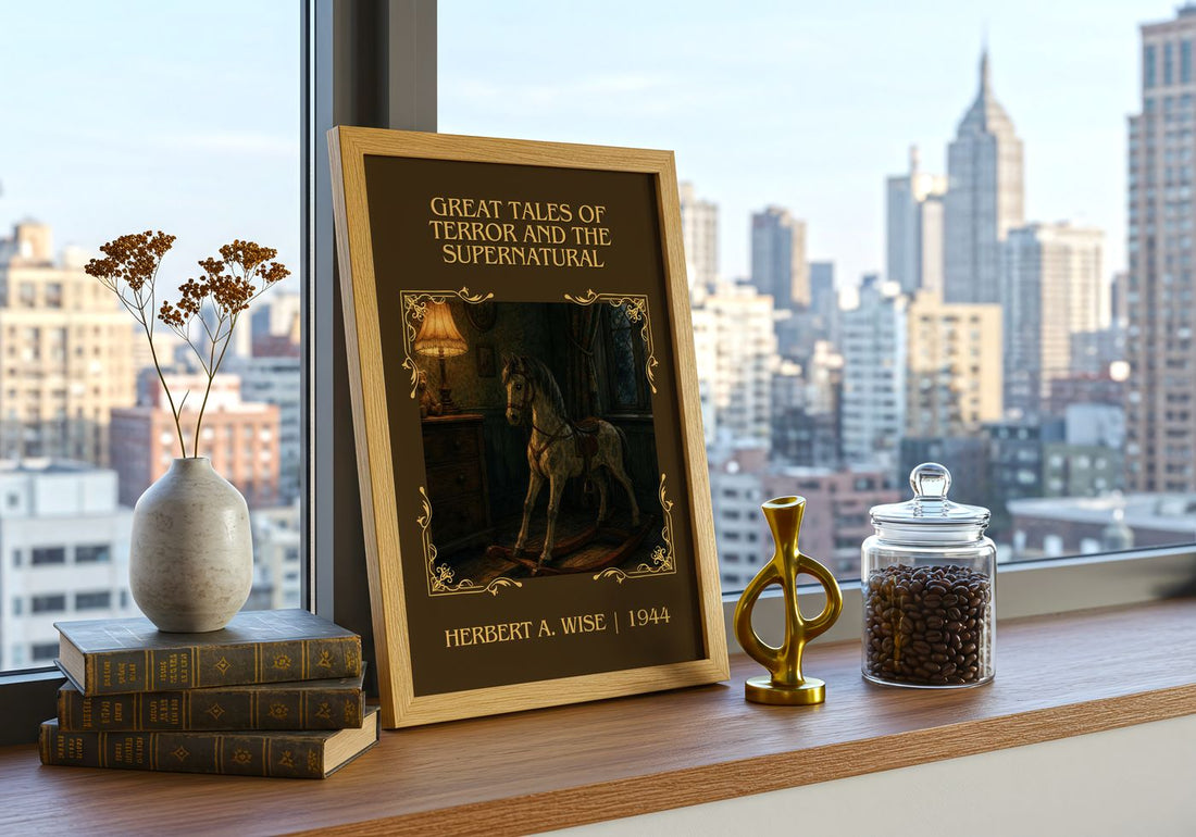 Great Tales Of Terror And The Supernatural Classic Book Art Print by Herbert A. Wise – framed print on a city-view windowsill