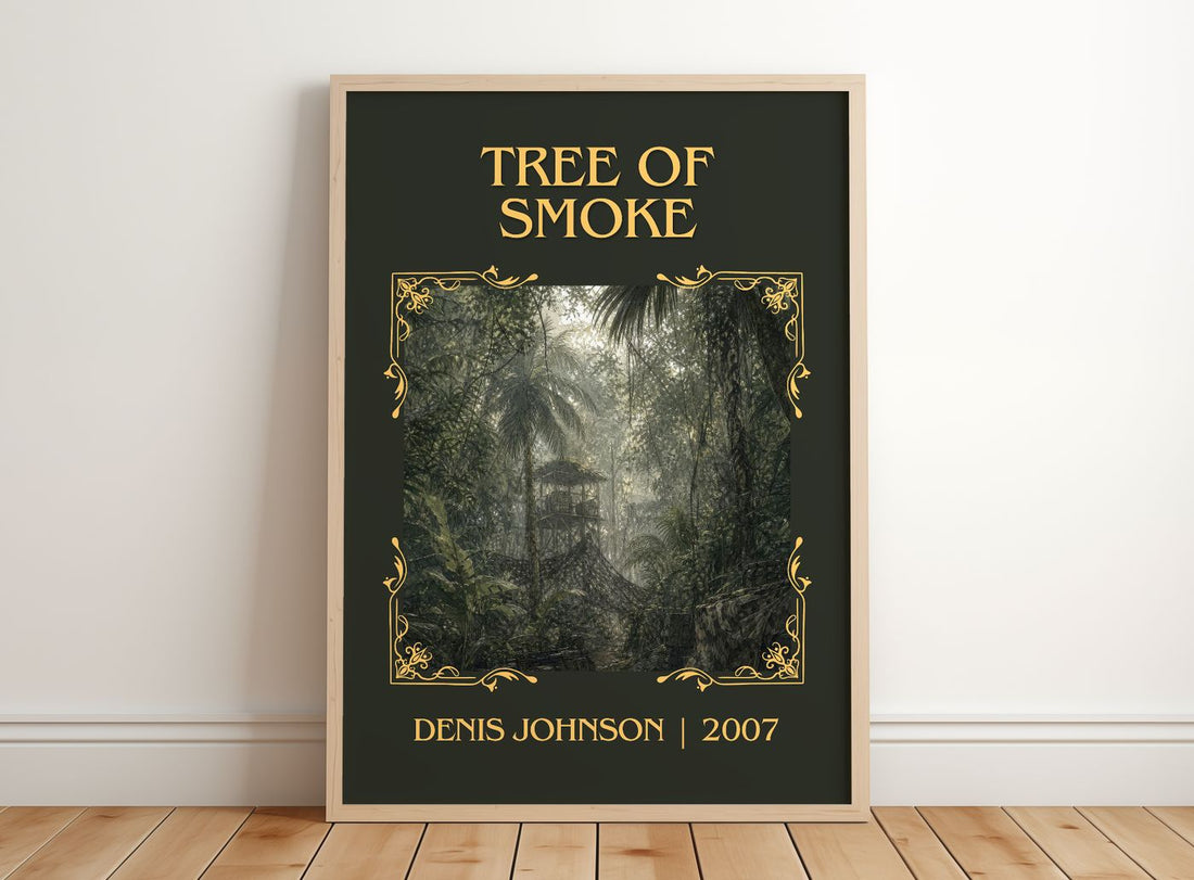 Tree of Smoke Classic Book Art Print by Denis Johnson – framed print leaning on a wooden floor
