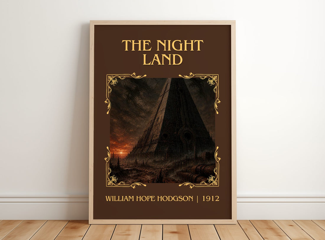 The Night Land Classic Book Art Print by William Hope Hodgson – framed print leaning on a wooden floor