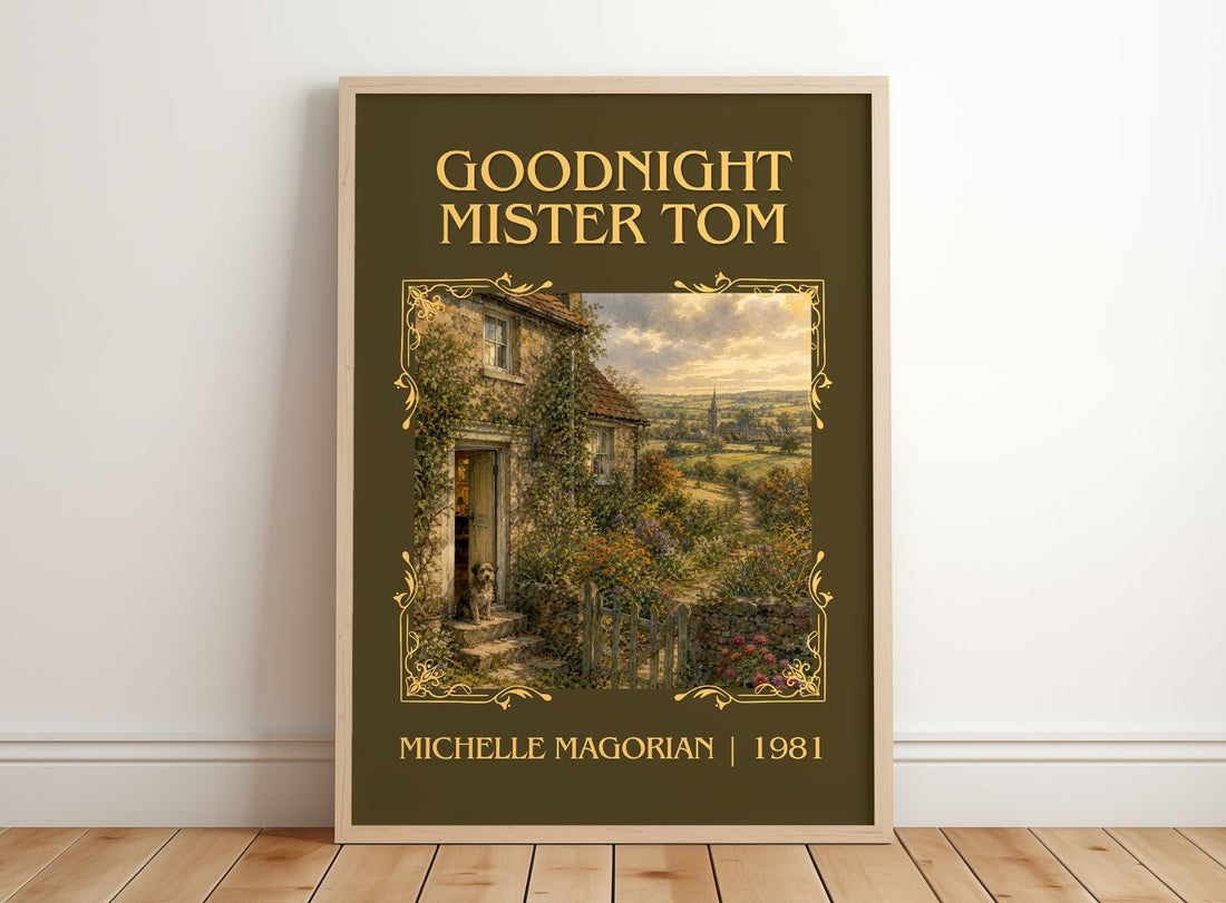 Goodnight Mister Tom Classic Book Art Print by Michelle Magorian – framed print leaning on a wooden floor