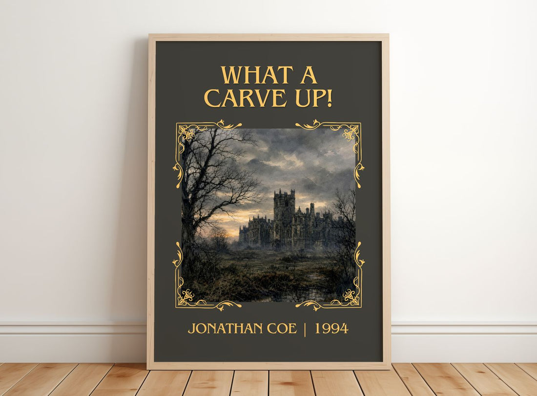 What a Carve Up! Classic Book Art Print by Jonathan Coe – framed print leaning on a wooden floor