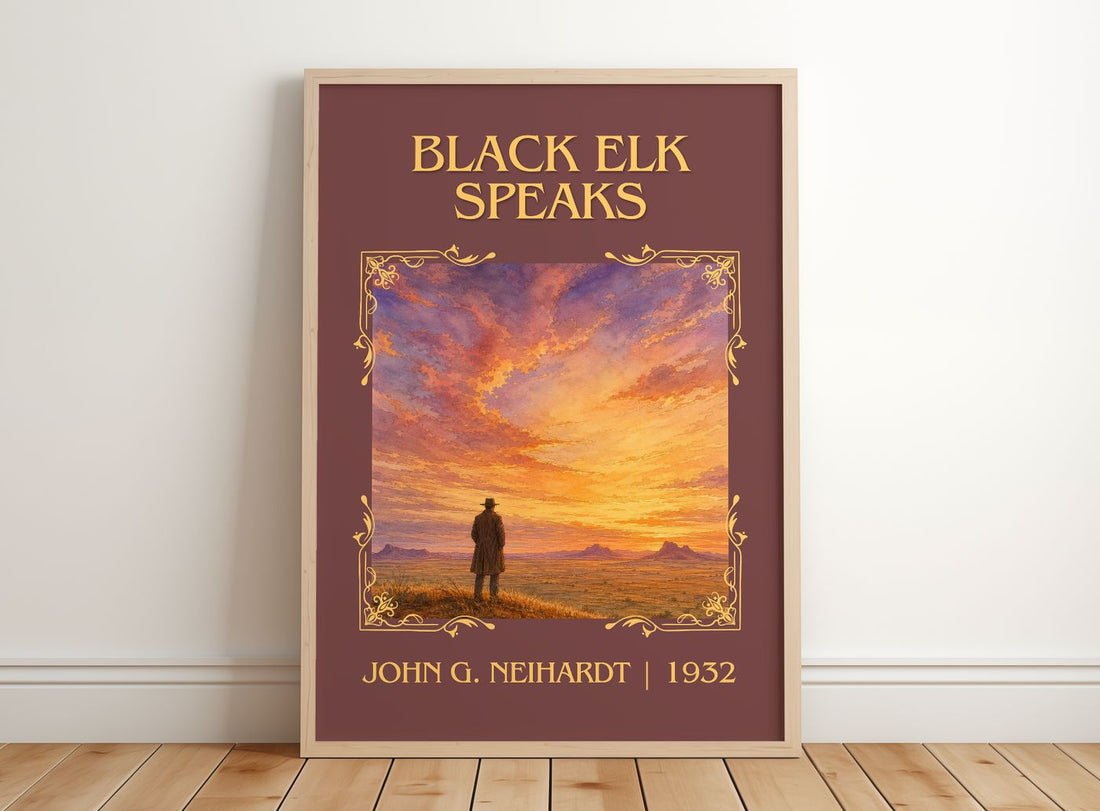 Black Elk Speaks Classic Book Art Print by John G. Neihardt – framed print leaning on a wooden floor