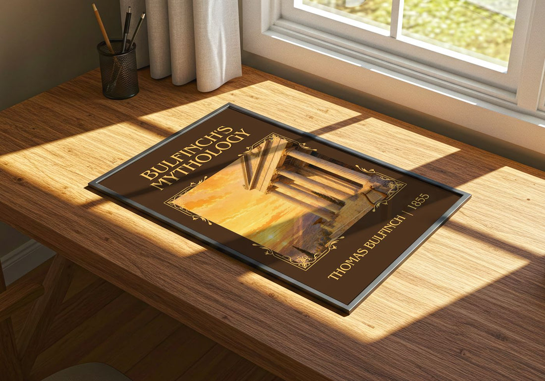 Bulfinch's Mythology Classic Book Art Print by Thomas Bulfinch – print on a sunlit desk