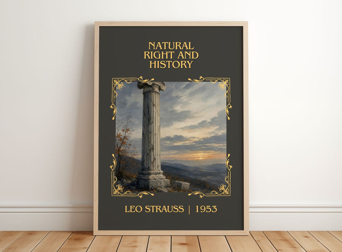 Natural Right and History Classic Book Art Print by Leo Strauss – framed print leaning on a wooden floor