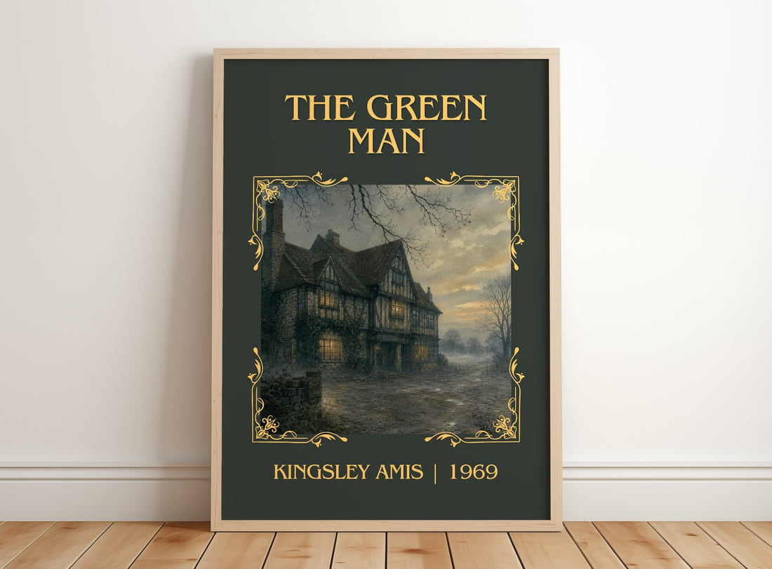 The Green Man Classic Book Art Print by Kingsley Amis – framed print leaning on a wooden floor