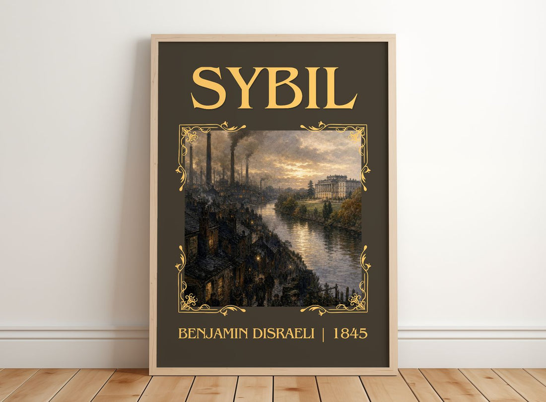 Sybil Classic Book Art Print by Benjamin Disraeli – framed print leaning on a wooden floor