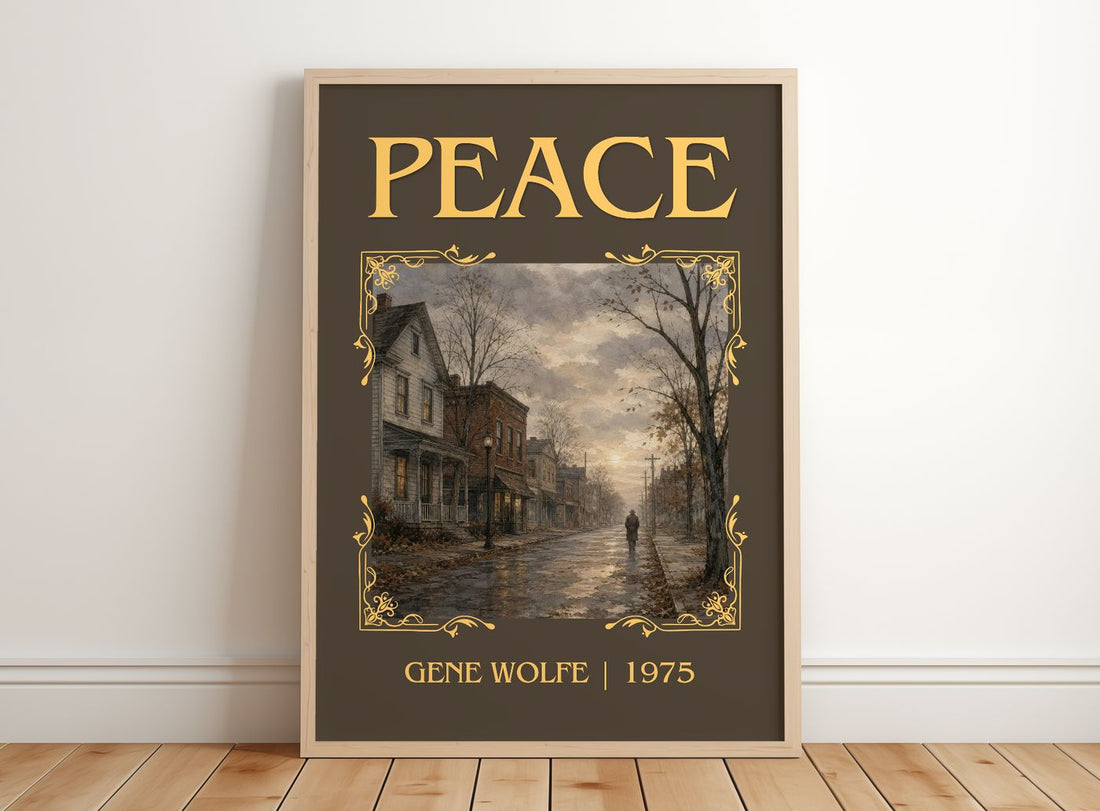 Peace Classic Book Art Print by Gene Wolfe – framed print leaning on a wooden floor
