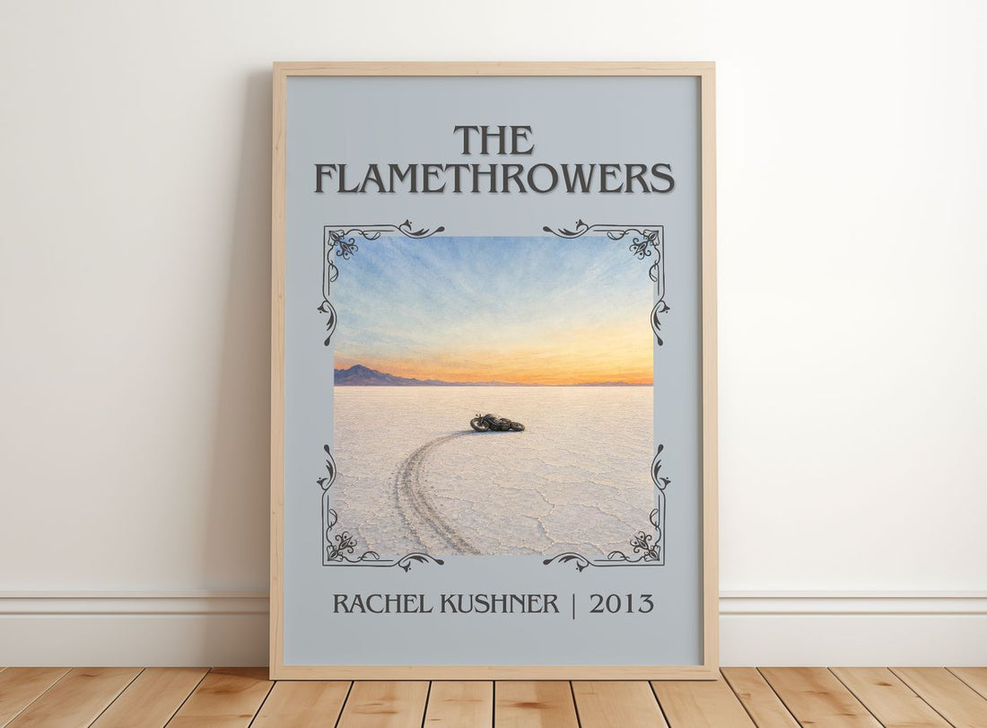 The Flamethrowers Classic Book Art Print by Rachel Kushner – framed print leaning on a wooden floor