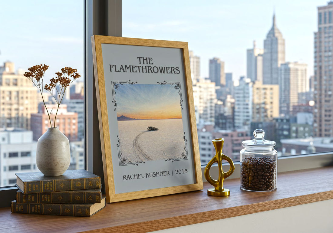The Flamethrowers Classic Book Art Print by Rachel Kushner – framed print on a city-view windowsill