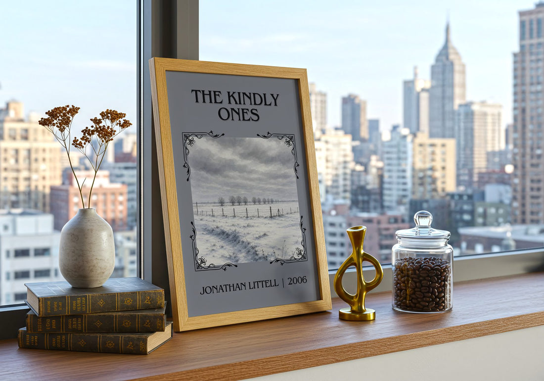 The Kindly Ones Classic Book Art Print by Jonathan Littell – framed print on a city-view windowsill