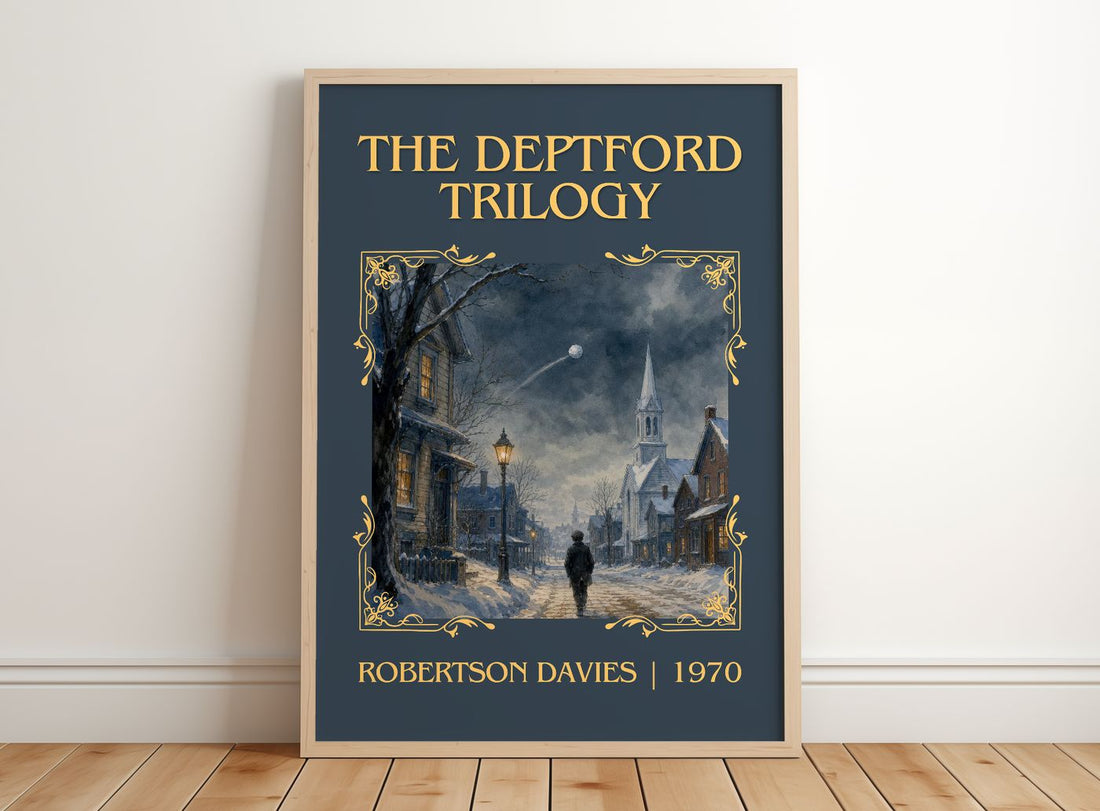 The Deptford Trilogy Classic Book Art Print by Robertson Davies – framed print leaning on a wooden floor