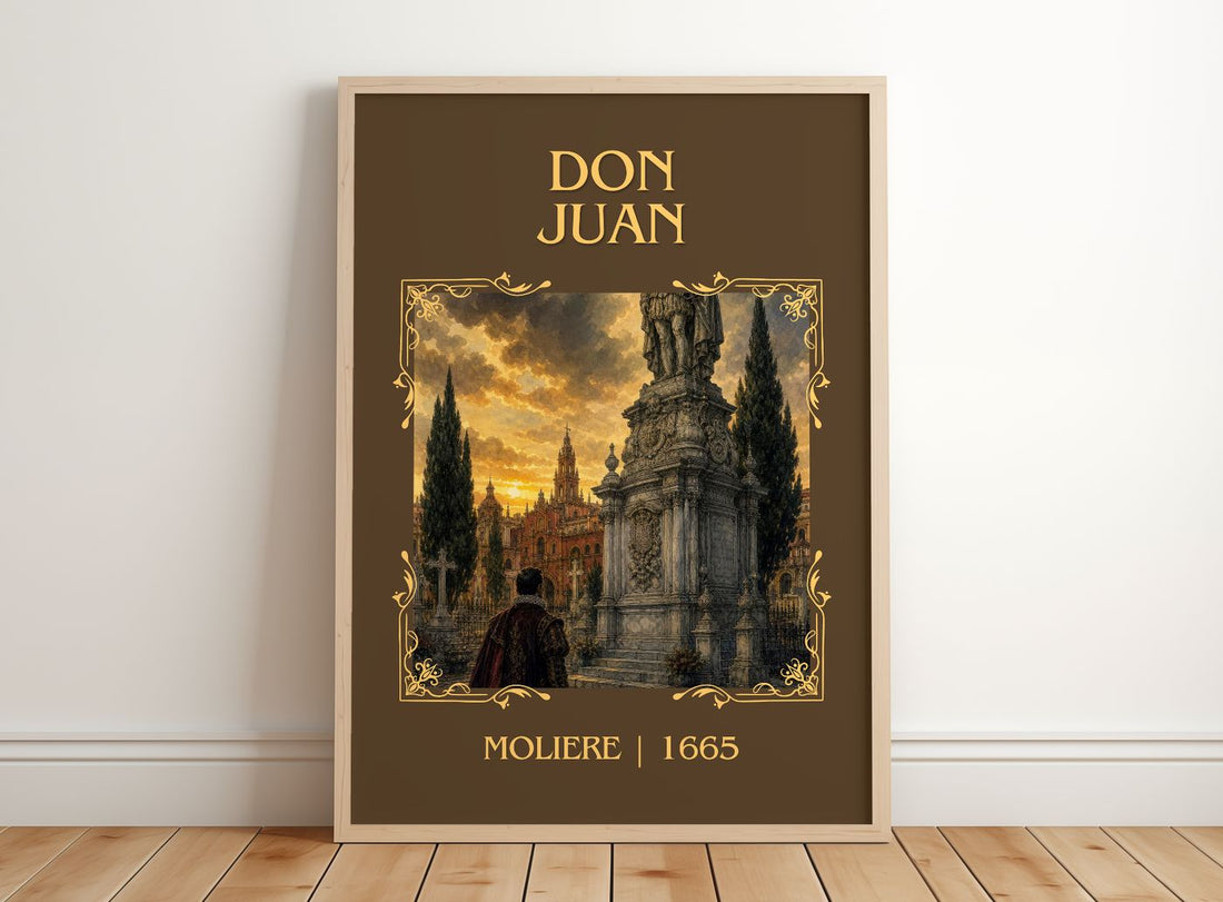 Don Juan Classic Book Art Print by Molière – framed print leaning on a wooden floor