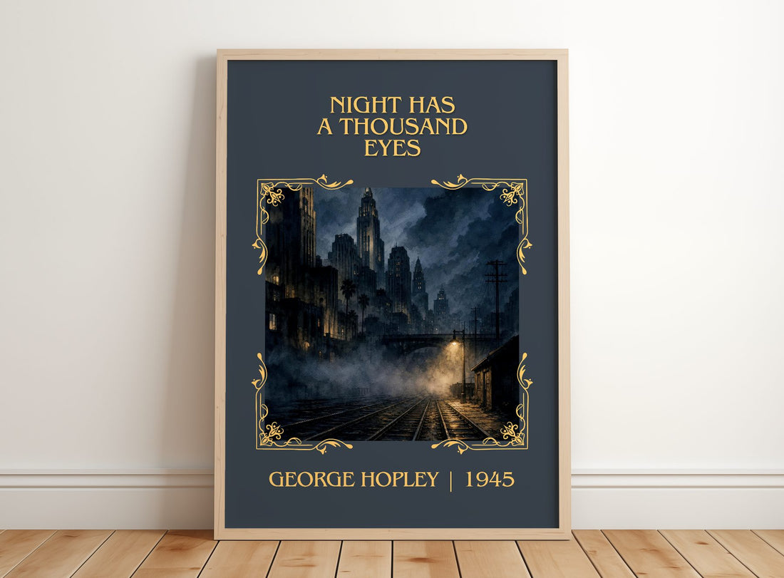 Night Has A Thousand Eyes Classic Book Art Print by George Hopley – framed print leaning on a wooden floor