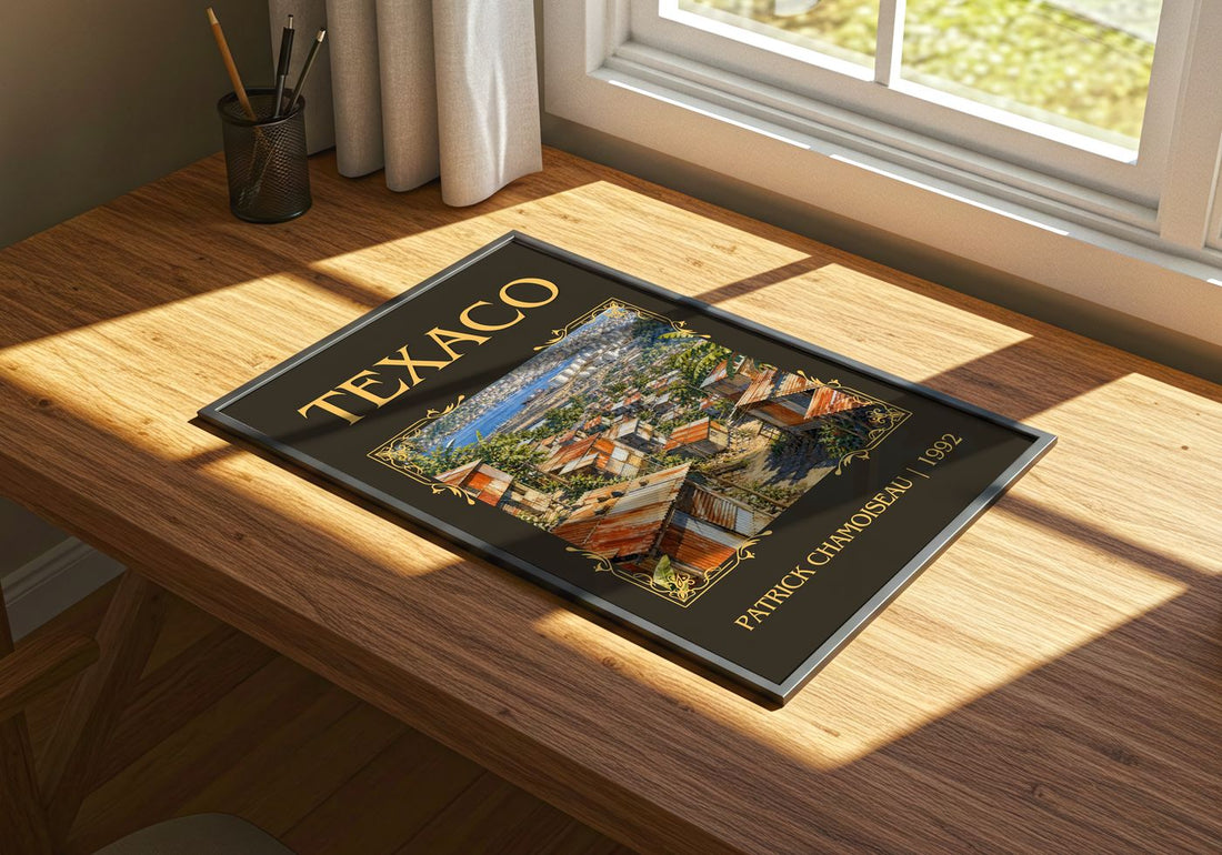 Texaco Classic Book Art Print by Patrick Chamoiseau – print on a sunlit desk