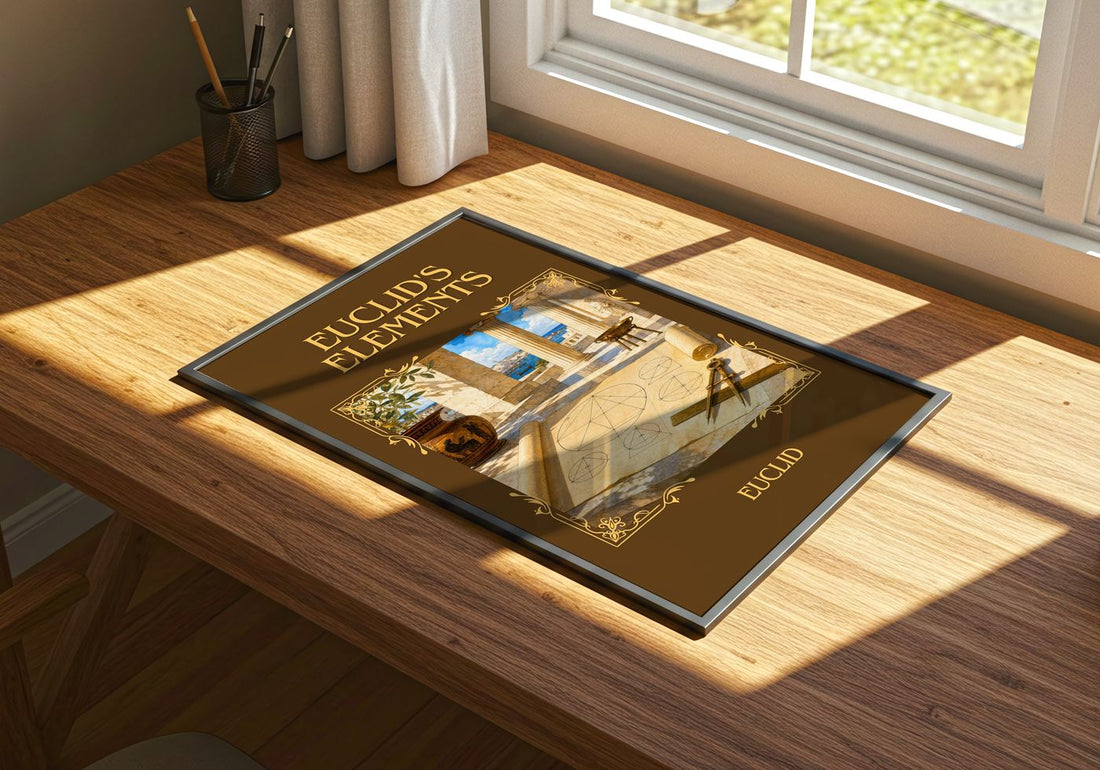 Euclid's Elements Classic Book Art Print by Euclid – print on a sunlit desk