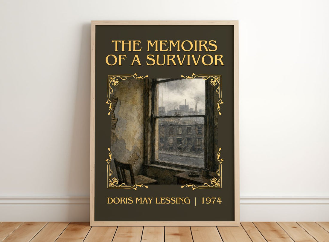 The Memoirs of a Survivor Classic Book Art Print by Doris May Lessing – framed print leaning on a wooden floor