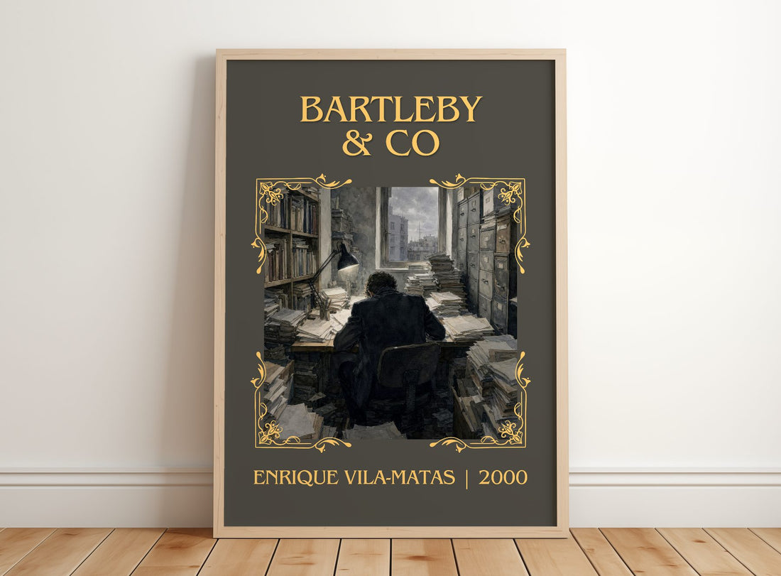 Bartleby & Co Classic Book Art Print by Enrique Vila-Matas – framed print leaning on a wooden floor