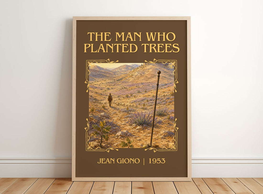 The Man Who Planted Trees Classic Book Art Print by Jean Giono – framed print leaning on a wooden floor